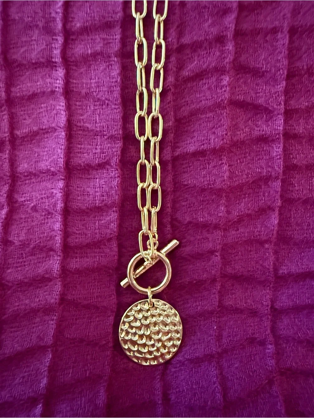 Source Unknown Gold Hammered Disc Toggle Link Necklace